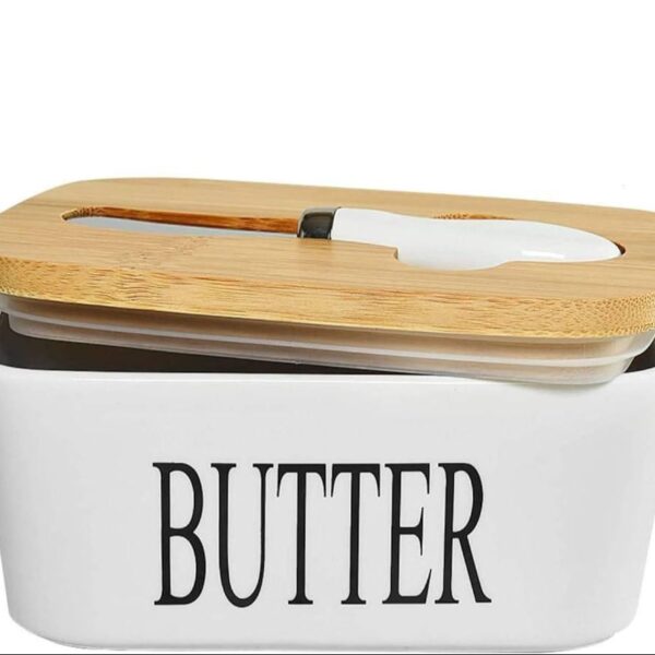 Butter Dish, Porcelain Butter Dish, Large Butter Keeper Container with Wooden Lid, Ceramic Butter Storage Box with Lid, Butter Container ceramic butter dish