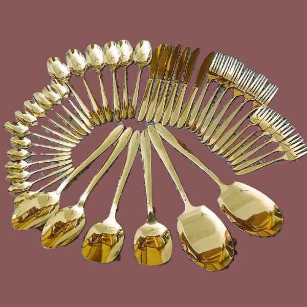Set of 42, 39, 6 - Gold Dinner Spoon,knives,serving spoons and Fork 8inch,6inch and 5inch Stainless Steel Mirror Polished Stainless Steel Spoons, Gold Soup Spoons Silverware, Golden Soup Spoon Table Spoon Set Sturdy Easy To Clean, Dishwasher Safe(Imported