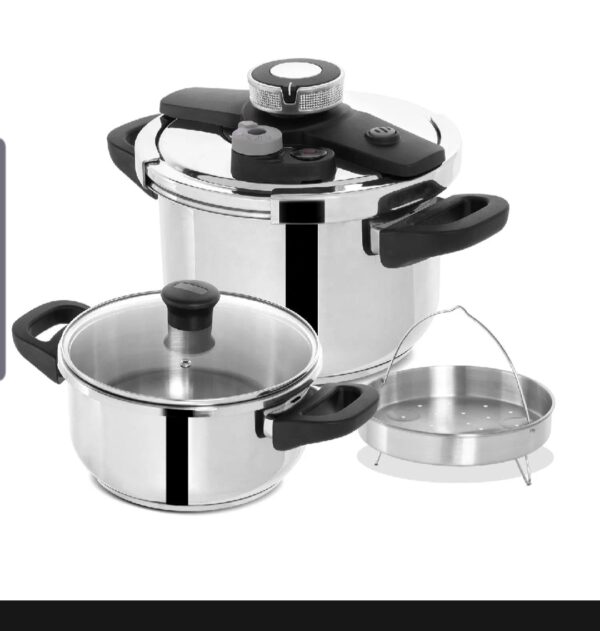 Unique 3in1 stainless steel pressure cooker with steamer 5+7Liters.