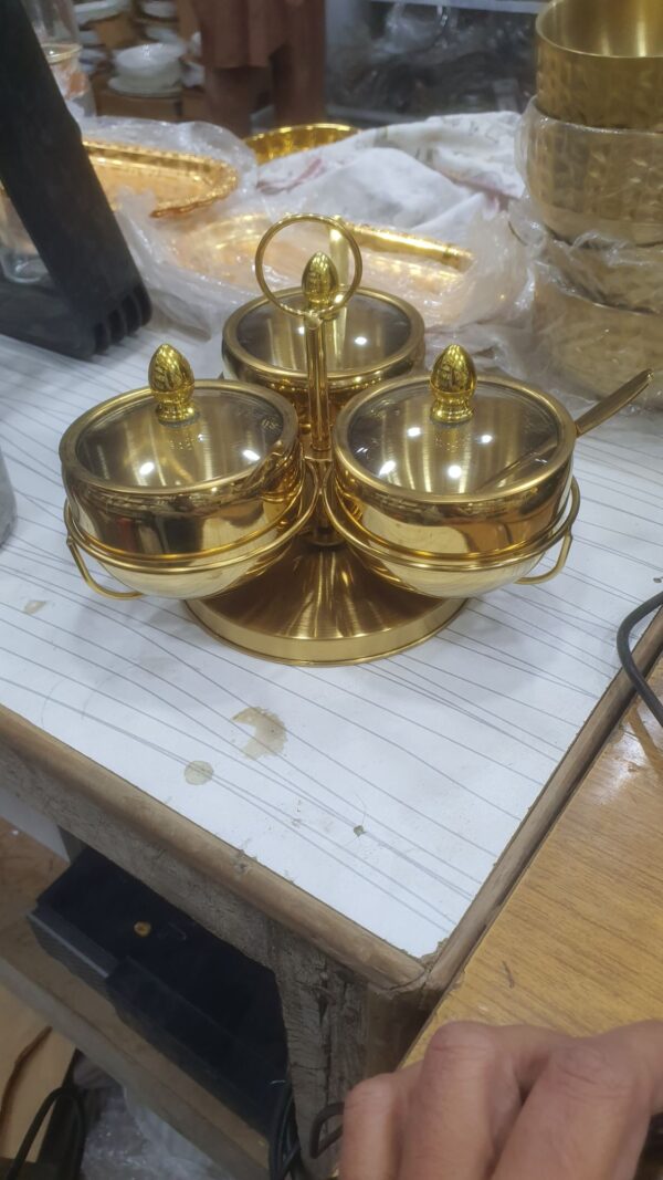 SAUCE SERVING SET WITH GLASS LID AND ROTATING BASE 3-PC SET STEEL Quality 3pcs rotang sugar pots stainless steel