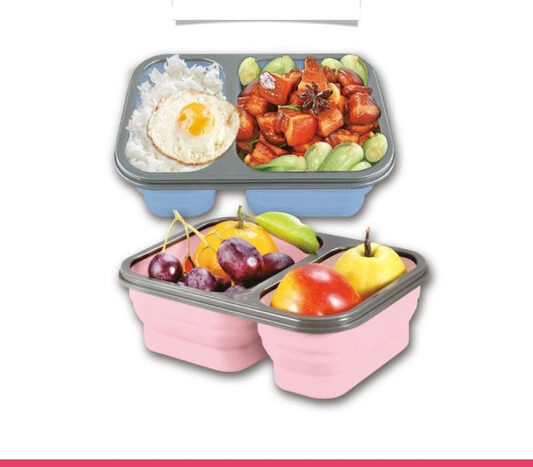 2 Compartments Foldable Silicon Bento Box With Fork