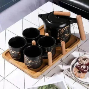 4 Pieces Tea Cups With Teapot & Wooden Tray