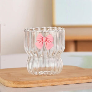Pink Bow Glass Cup with Striped Design
