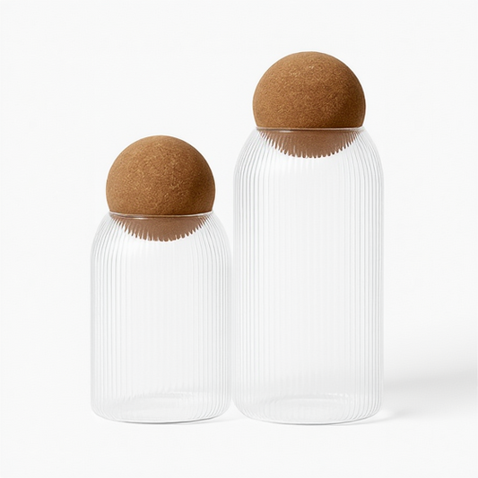 Set of 2 - Clear Glass Jar with Cork Ball Lid -- Airtight Multipurpose Storage Canister