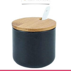 Ceramic Sugar Pot with Ceramic Spoon & Wooden Lid