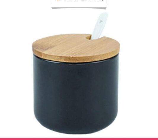 Ceramic Sugar Pot with Ceramic Spoon & Wooden Lid