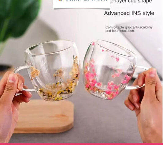 Set of 6 - Mini Double Wall Glass Mug with Dry Flowers Inside