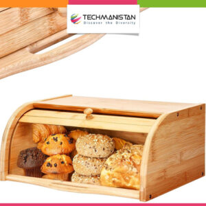 Bamboo Wooden Bread Box -- Roll-Top Kitchen Storage Box