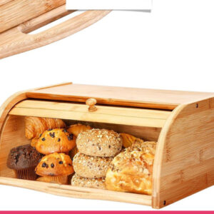 Bamboo Wooden Bread Box -- Roll-Top Kitchen Storage Box