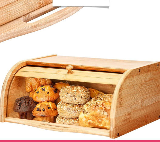 Bamboo Wooden Bread Box -- Roll-Top Kitchen Storage Box