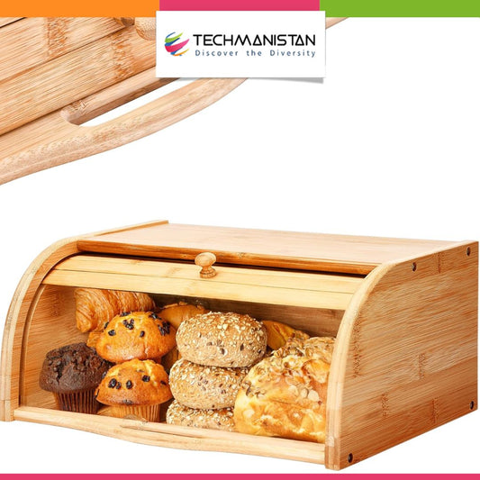 Bamboo Wooden Bread Box -- Roll-Top Kitchen Storage Box