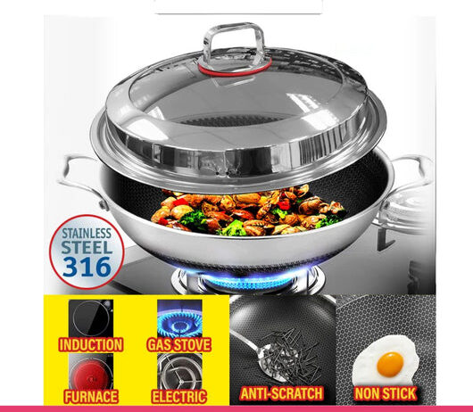 Honeycomb Print Laser Coated Wok With Dual Handles & Lid