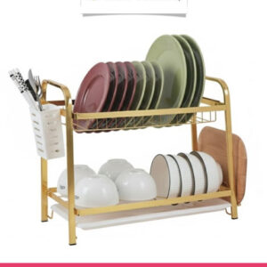 2-Tier Gold Dish Drying Rack with Utensil Holder & Drain Tray