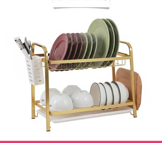 2-Tier Gold Dish Drying Rack with Utensil Holder & Drain Tray