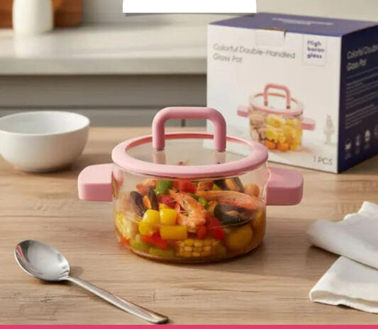 Heat Resistant Clear Glass Pot with Lid & Fire Proof Handles