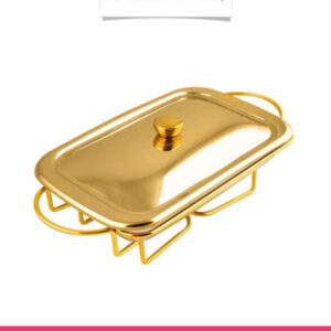 Rectangular Buffet Food Warmer Serving Glass Dish with Golden Lid - 2 Liters