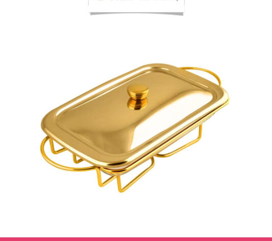 Rectangular Buffet Food Warmer Serving Glass Dish with Golden Lid - 2 Liters
