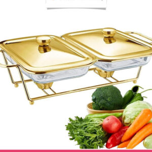 2 Grid Buffet Food Warmer Glass Serving Dish with Golden Lid