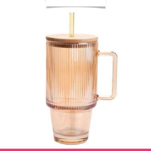 Ribbed Glass Tumbler with Handle, Straw & Bamboo Lid