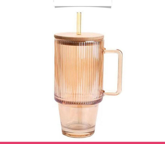 Ribbed Glass Tumbler with Handle, Straw & Bamboo Lid