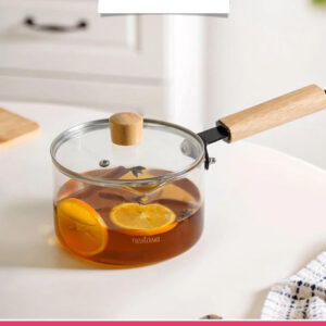 Glass Pot With Long Wooden Handle & Glass Lid