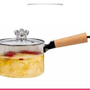 Stripped Glass Pot With Long Wooden Handle & Glass Lid