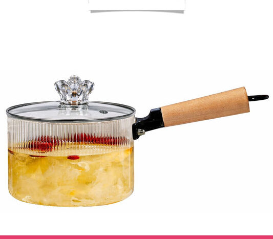 Stripped Glass Pot With Long Wooden Handle & Glass Lid