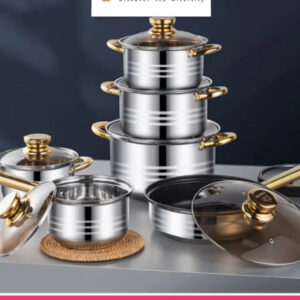 12-Piece Classic Stainless Steel Golden Handles Cookware Set