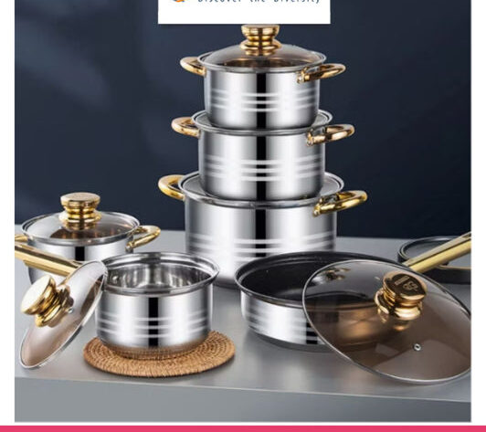 12-Piece Classic Stainless Steel Golden Handles Cookware Set