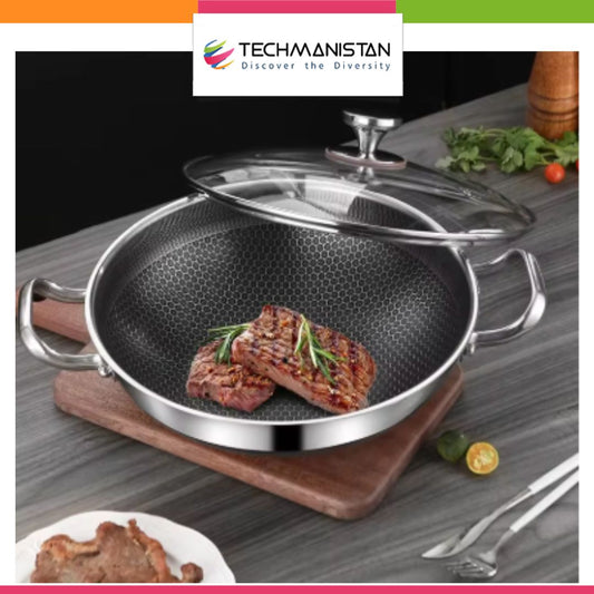 Dual Handles Honeycomb Laser Coated Wok With Lid, Karahi