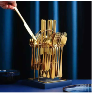 24pcs Golden Elegance Stainless Steel Cutlery Set with Stand