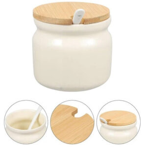 Ceramic Sugar Pot with Spoon & Wooden Lid
