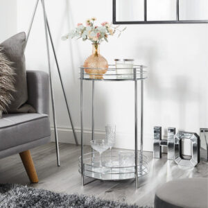 Multipurposed Chrome Effect 2 Tier Metal Tubes Glass Shelves Round Stand