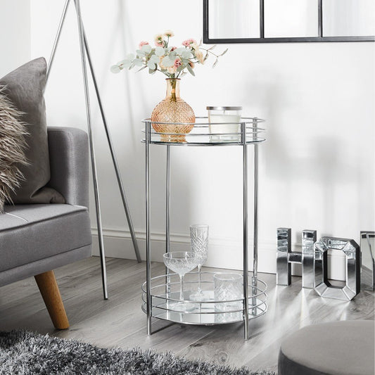 Multipurposed Chrome Effect 2 Tier Metal Tubes Glass Shelves Round Stand