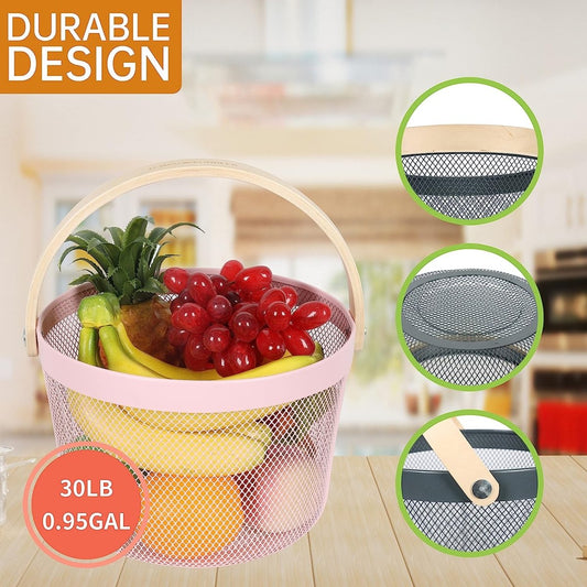 Round Metal Mesh Basket with Wooden Handle