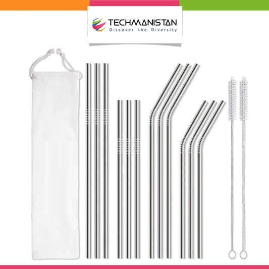 Set of 12 Stainless Steel Straws with 2 Cleaning Brushes