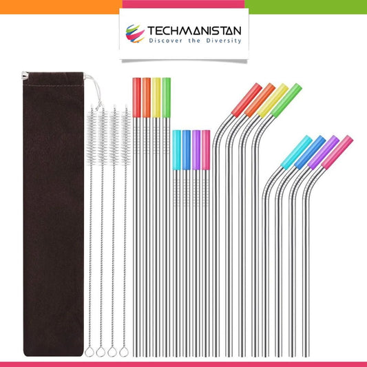 Set of 16 Stainless Steel Straws with Cleaning Brushes