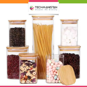 Set of 3 - Square Glass Kitchen Jars With Wooden Bamboo Lids