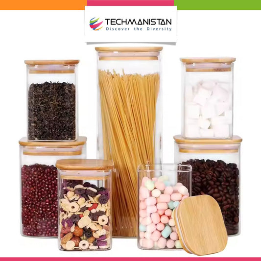 Set of 3 - Square Glass Kitchen Jars With Wooden Bamboo Lids