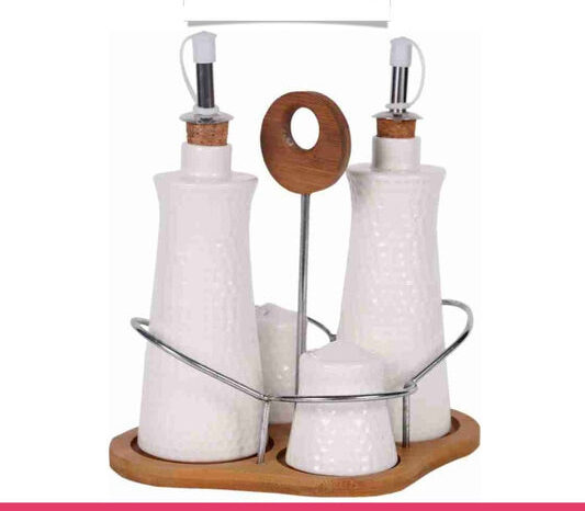 Set of 4 - Condiment Set with Wooden Base