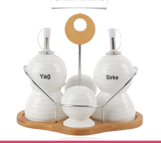 Set of 4 - Condiment Set with Wooden Base