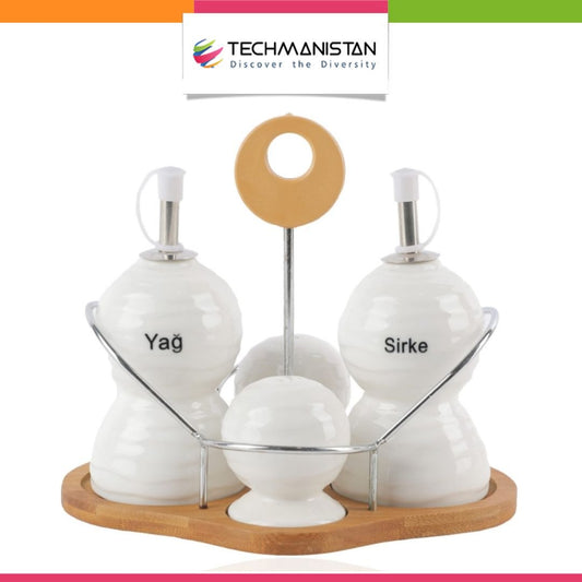 Set of 4 - Condiment Set with Wooden Base
