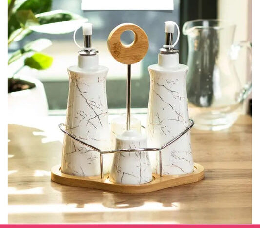 Set of 4 - Condiment Set with Wooden Base